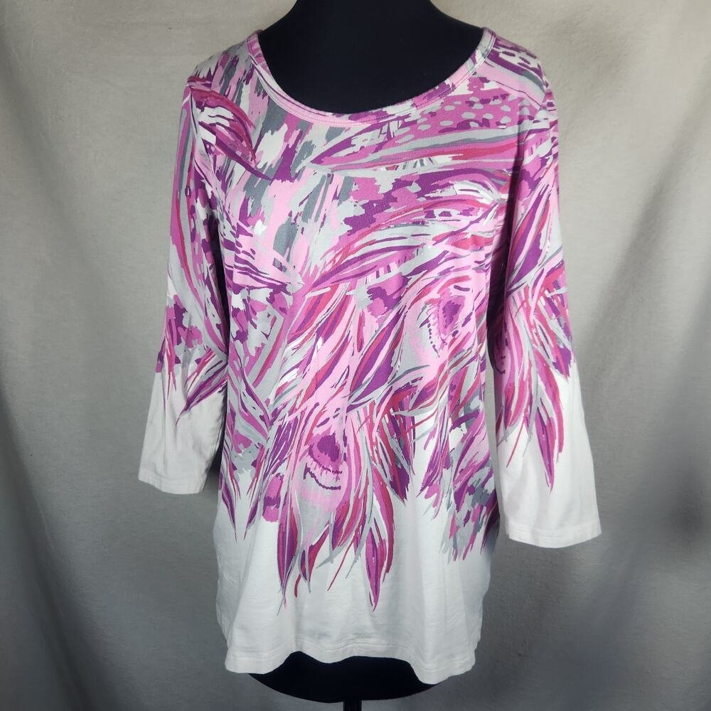 Style & Co Medium Cotton Blend Top 3/4 Sleeve Pink/Grey/White Print Activewear